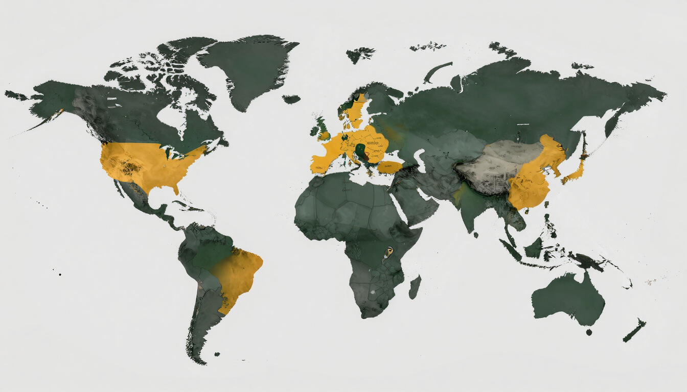 Wide panoramic political world map in flat charcoal tones, fourteen destination countries highlighted in bright amber-yellow — UAE, Saudi Arabia, Qatar, Oman, Malaysia, Sri Lanka, Bangladesh, Singapore, Vietnam, United Kingdom, Netherlands, Russia, Mauritius — rendered as filled country shapes against a deep green-grey landmass, clean minimal cartographic style, no text labels, generous ocean negative space, viewed from slightly above the equator