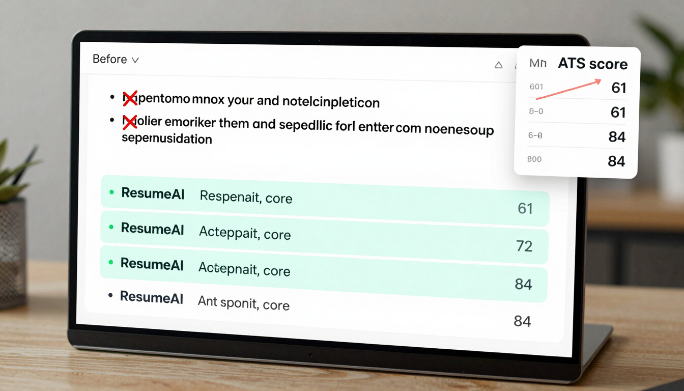 Wide product screenshot showing the AI suggestion overlay panel inside the ResumeAI editor: a before-and-after comparison of a bullet point with red strikethrough on the weak original and three teal-highlighted replacement options ranked by ATS score. An ATS score card in the upper-right corner shows a numeric score increasing from 61 to 84. High-key clean studio lighting, no humans, no office context, tight crop on the AI overlay detail.