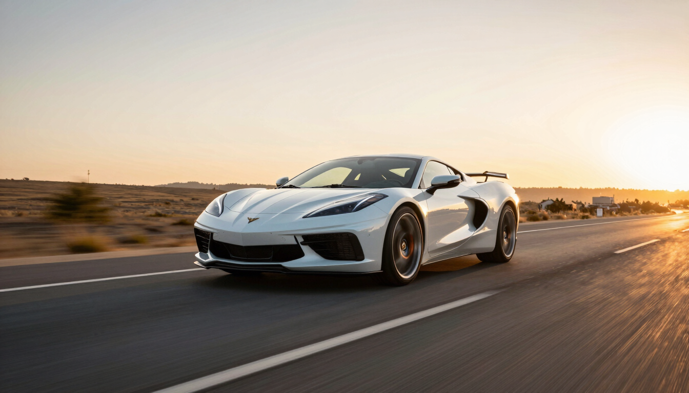 Wide panoramic shot of a white sports car in motion on an empty two-lane road at golden hour, motion blur on background landscape, car sharp and centered low in frame, warm horizon light raking across the hood