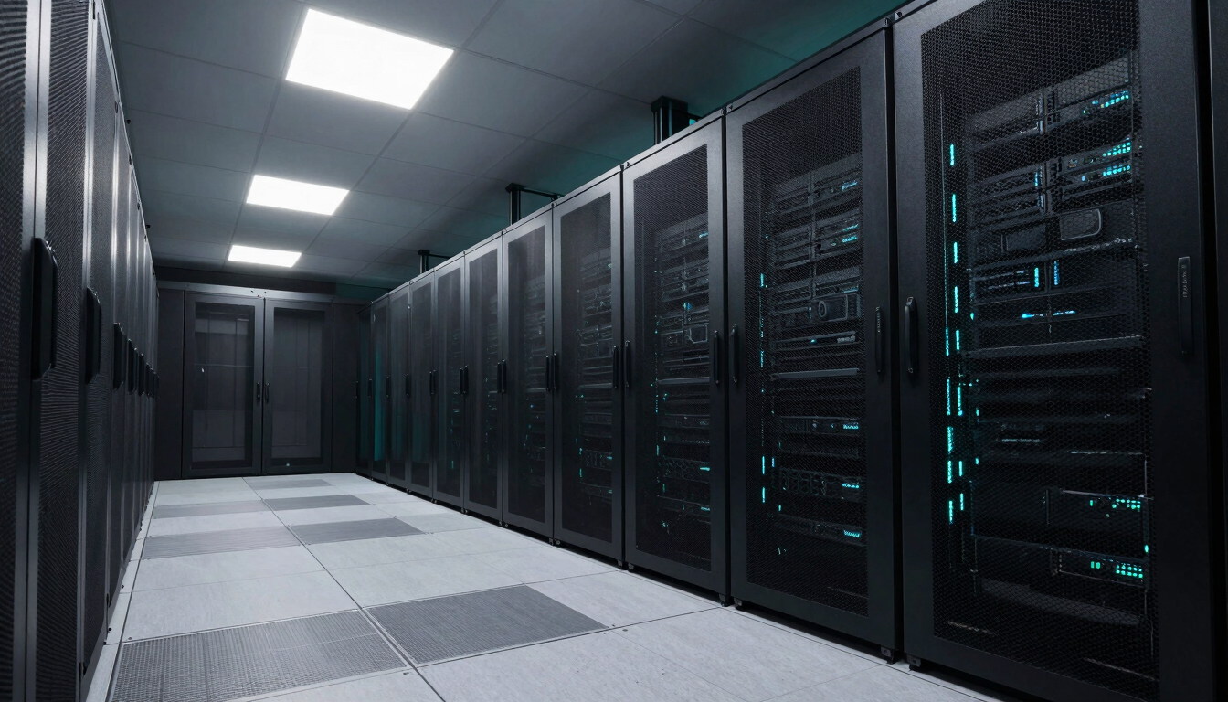 Wide, expansive architectural shot of a modern, low-key lit server room with clean lines and neon-cyan accent lighting, deep obsidian shadows.