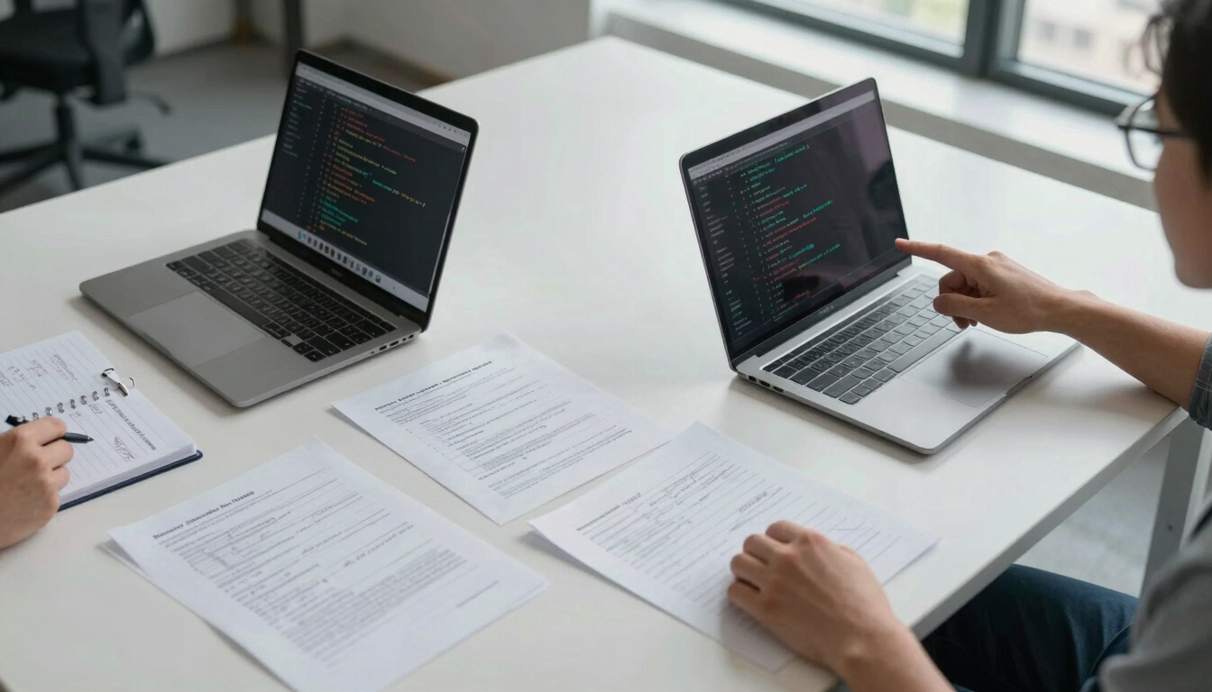 Wide overhead view of a real office table mid-session: printed documentation, open laptops showing code, handwritten notes on ruled paper, two sets of hands visible pointing at a shared screen, bright even daylight from large windows, no faces, no posed elements