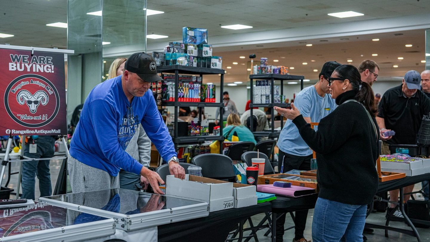 Vendor selling trading cards at the Four States Card Show in Joplin Missouri at the Joplin Expo