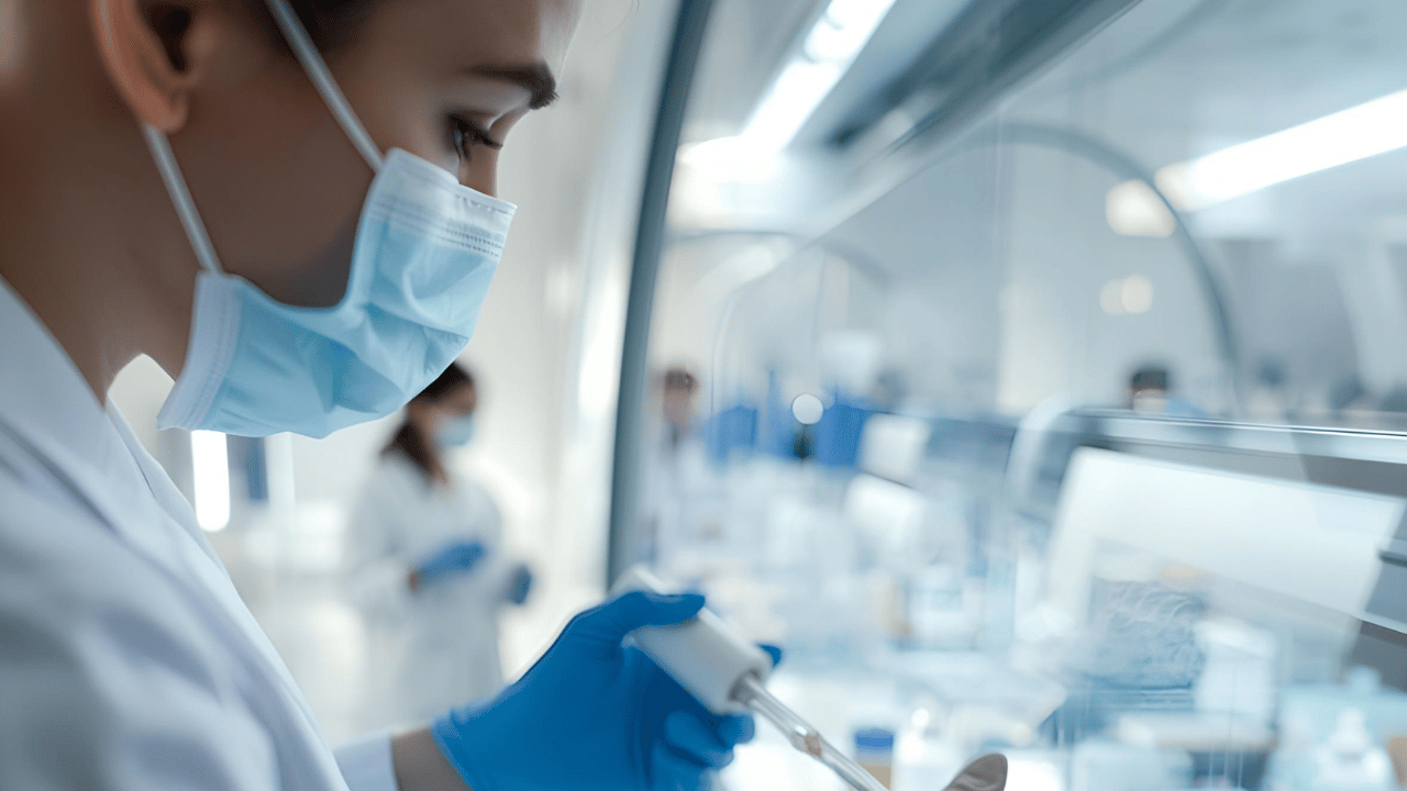 Жінка-науковець у лабораторній масці та рукавичках використовує піпетку для досліджень у стерильній 