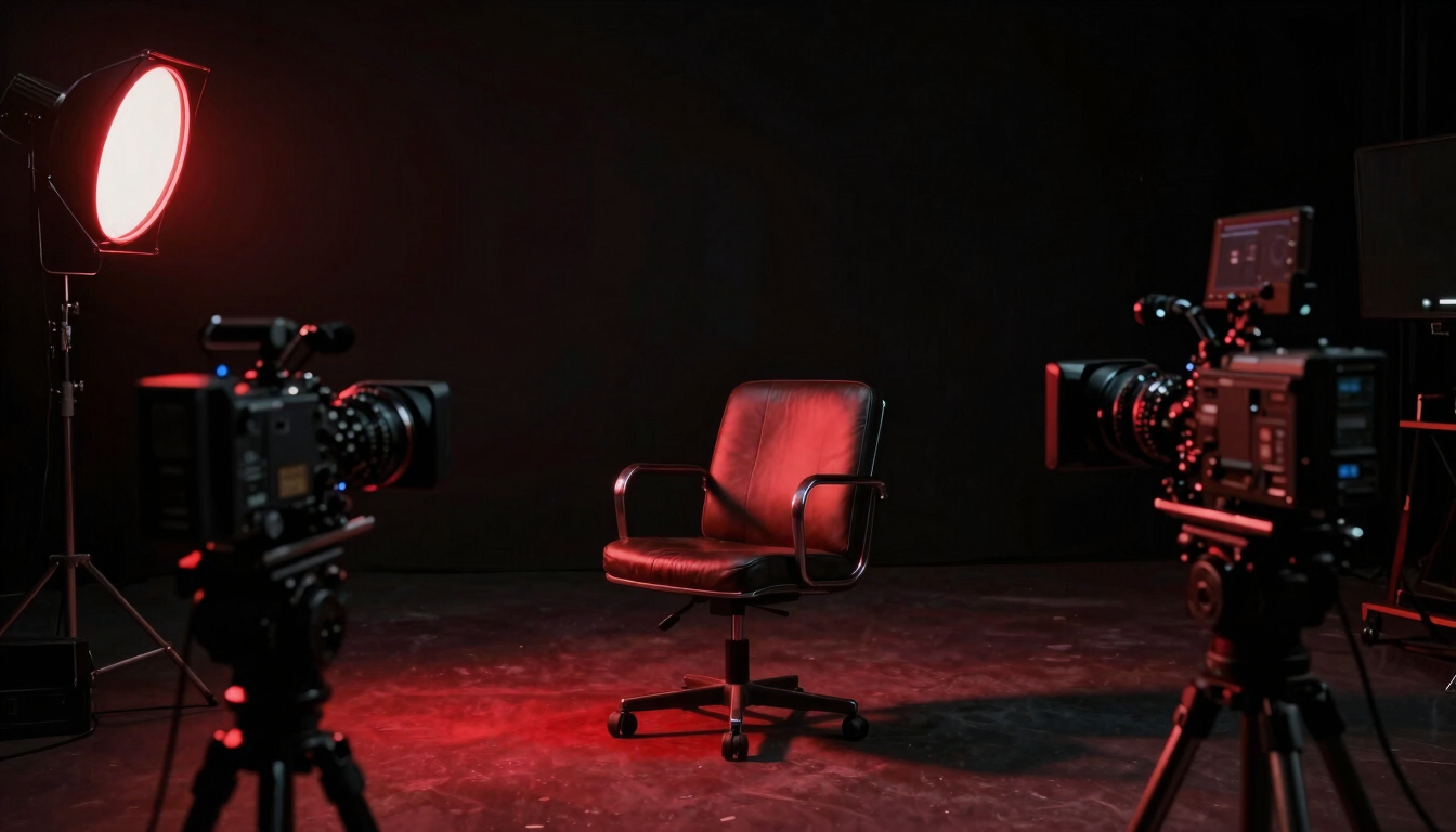 Wide cinematic shot of a dark film studio set, a single empty leather chair under a dramatic red rim light, professional 35mm cameras focused, deep shadows.