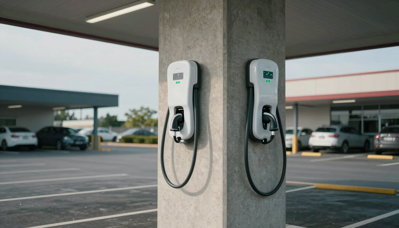 Wide environmental shot of a commercial parking lot at midday, two wall-mounted EV charging stations installed on a concrete pillar, charging cables hanging ready, natural overcast daylight, no people, station indicator lights visible, shot from low angle showing station placement in context