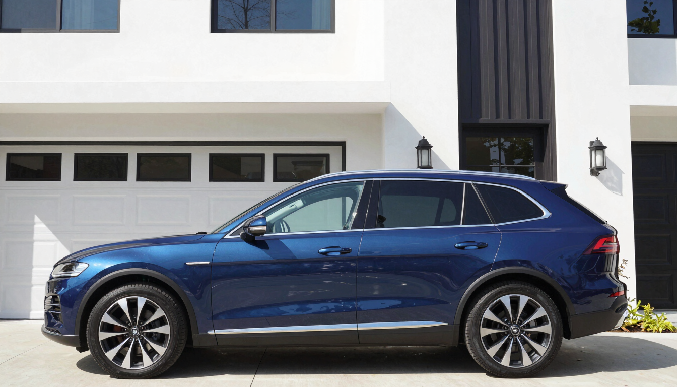 A premium modern vehicle parked in front of a clean, contemporary Memphis residence, bright daylight, 35mm lens, sharp focus