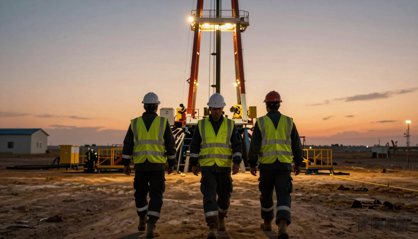 Panoramic ground-level view of an active oil field at dusk — three workers in full safety gear, reflective vests, hard hats, and steel-toed boots, walking the perimeter of a drill rig, rig lights illuminating the scene in warm amber, vast flat terrain visible in the background, communicating operational rigor and field presence