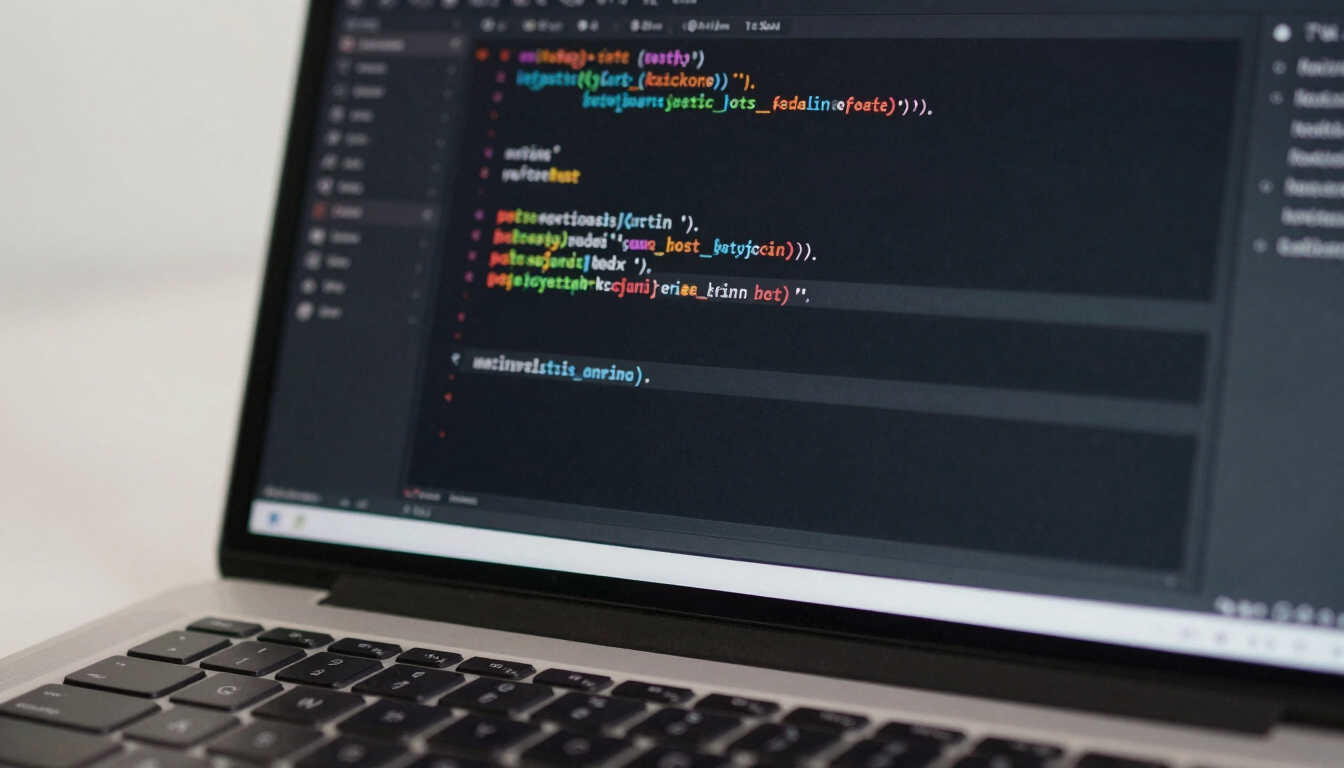 Close-up of an Android Studio code editor on a laptop screen, readable Kotlin syntax visible, bright neutral studio light from the left, keyboard edge in frame