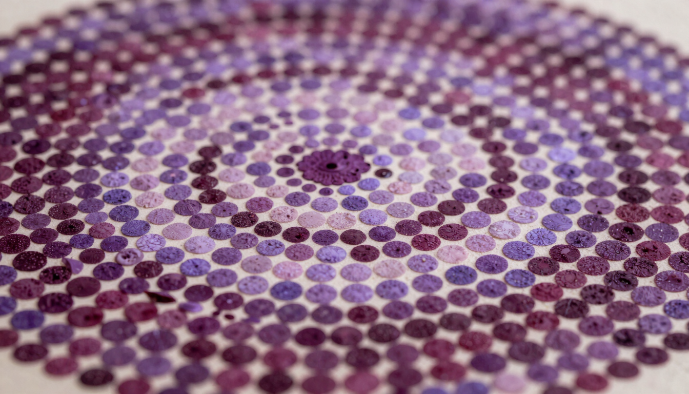 Extreme close-up of a pointillist painting surface, hundreds of precise ink dots in deep aubergine and soft lavender arranged in concentric arcs, diffuse north-facing studio light revealing the slight topography of each applied mark, warm ivory ground visible between clusters