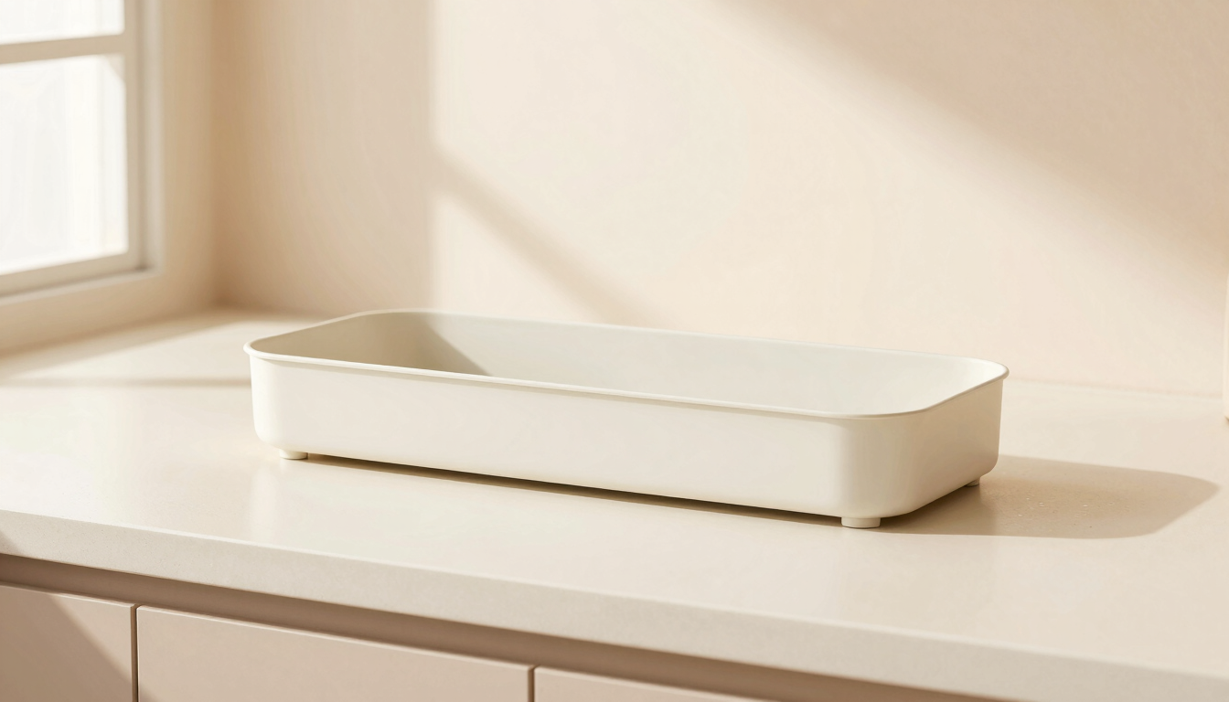 Crisp product flatlay of smart kitchen organizers on a clean cream counter, bright natural morning light, soft pastel background, modern home setting, 35mm lens
