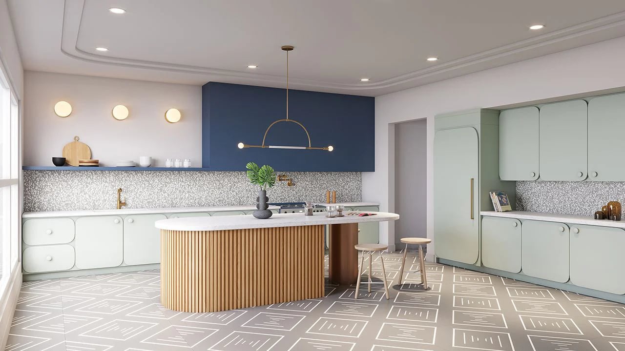 Engineered wood flooring paired with modern kitchen countertops for a cohesive design.