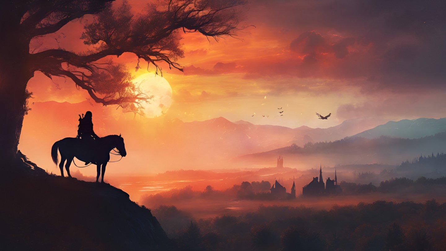 Artwork for Valah's soundtracks, featuring a silhouette of a Witcher against an orange sunset.