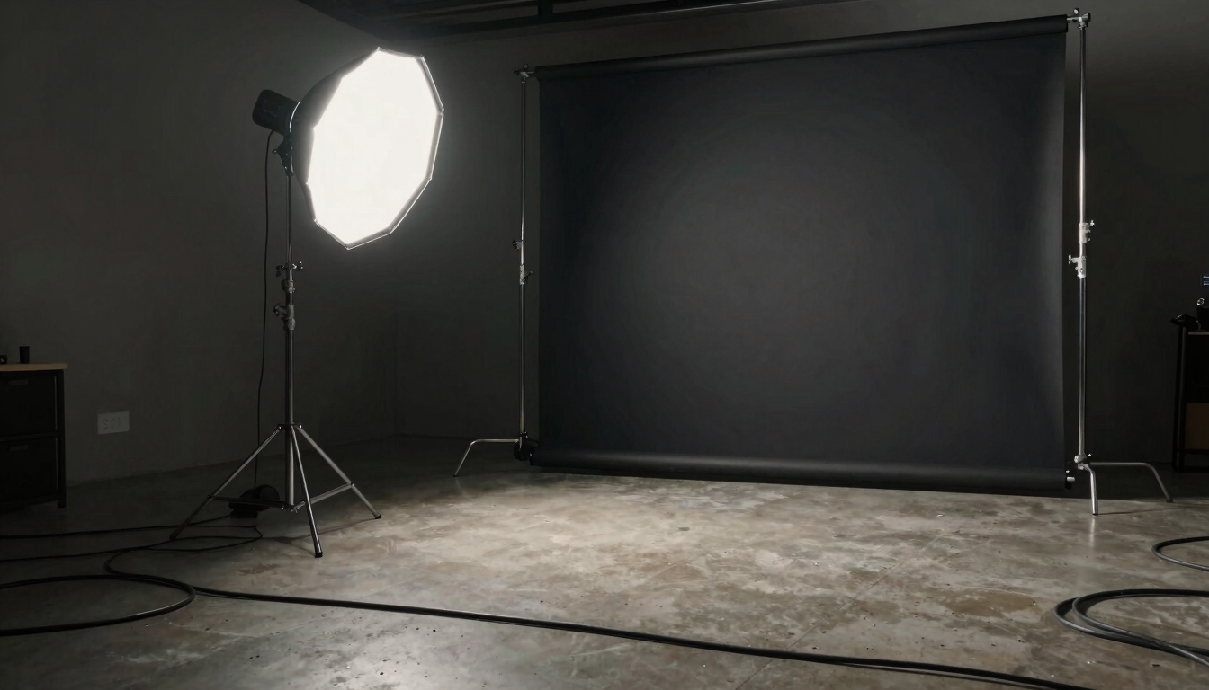 Wide shot of a production setup — a single strobe light aimed at a dark seamless backdrop, cables running across a concrete studio floor, a tripod visible to the left, no people, quiet pre-shoot stillness, high contrast editorial lighting