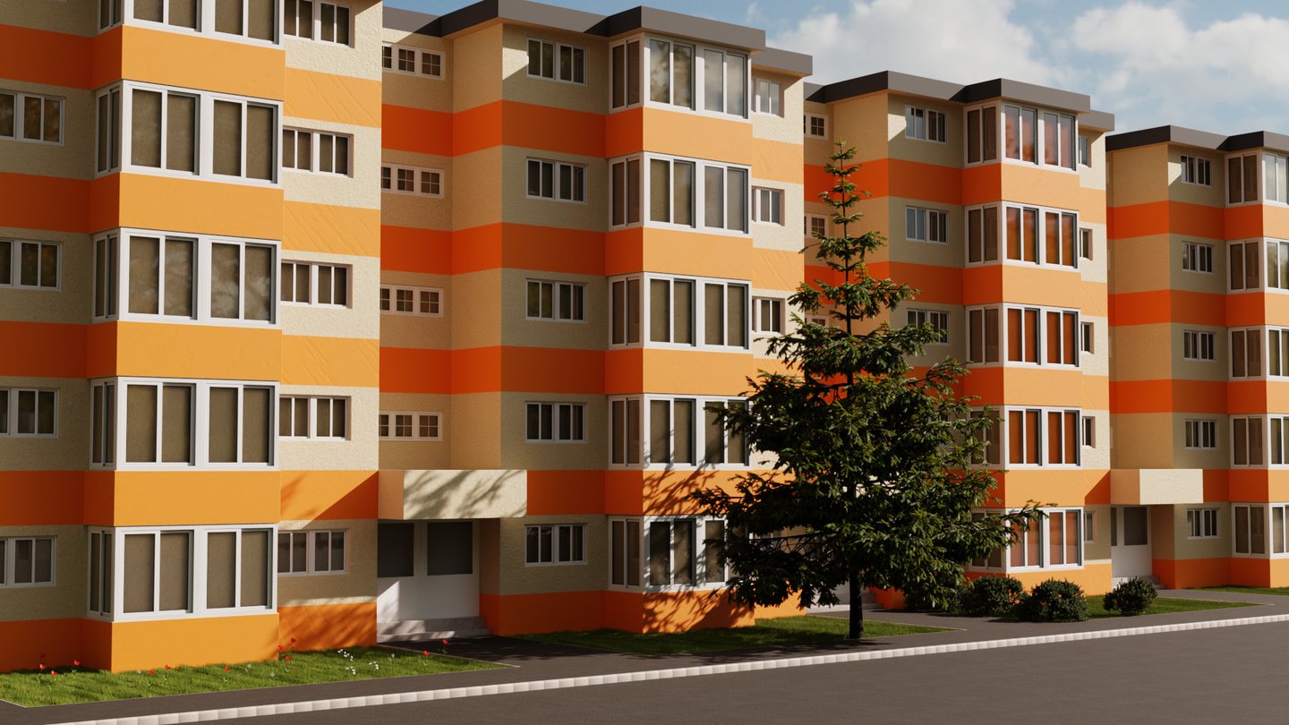 a tall building with orange and white stripes
