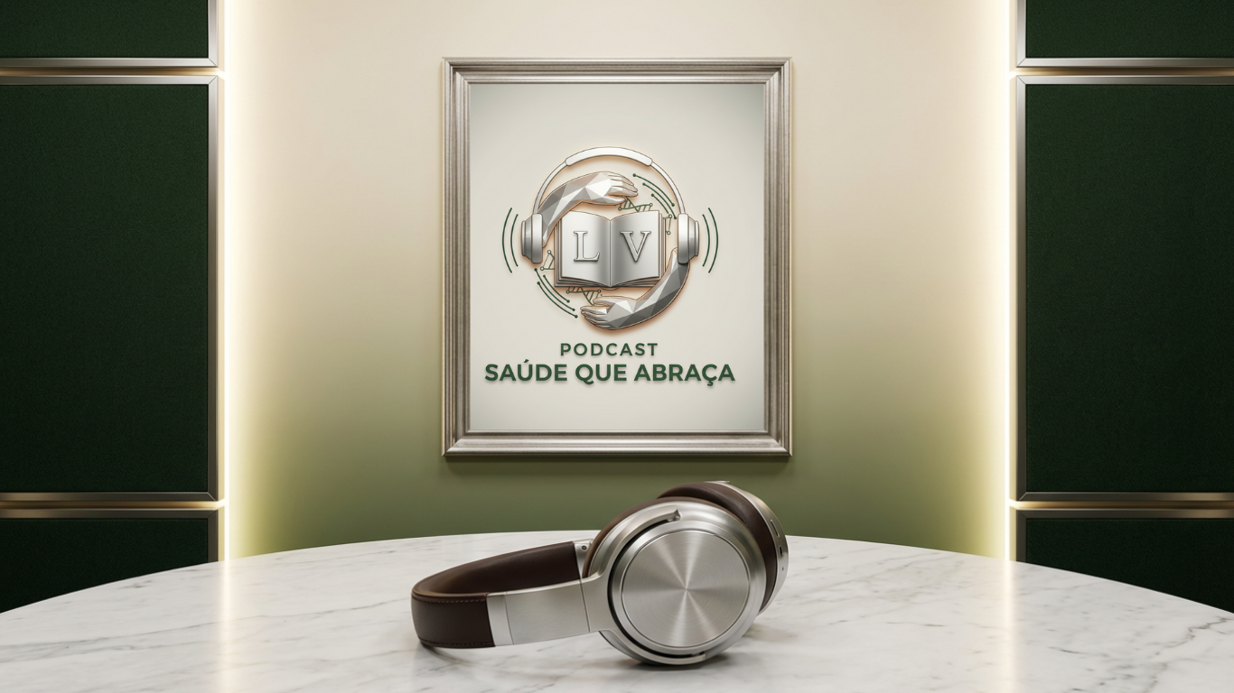 Um par de fones de ouvido e um porta-retratos com uma foto do podcast saúde que abraça