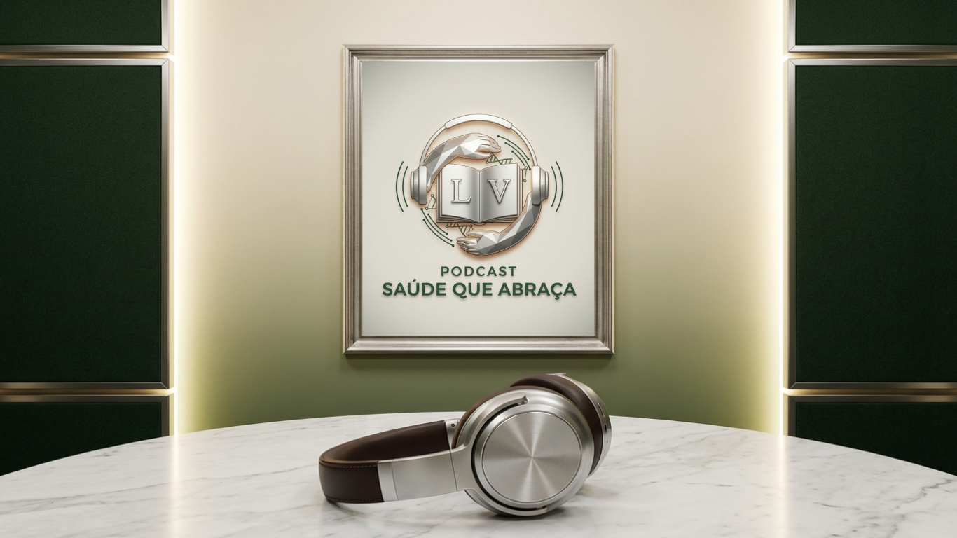 Um par de fones de ouvido e um quadro com uma foto da logo do podcast saúde que abraça
