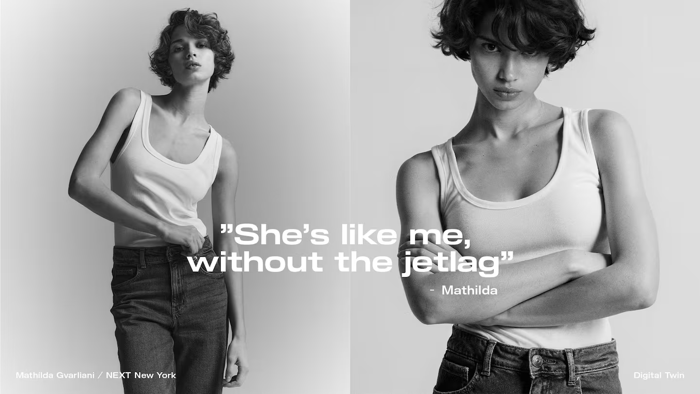 Model Mathilda Gvarliani and her digital twin. (H&M)
