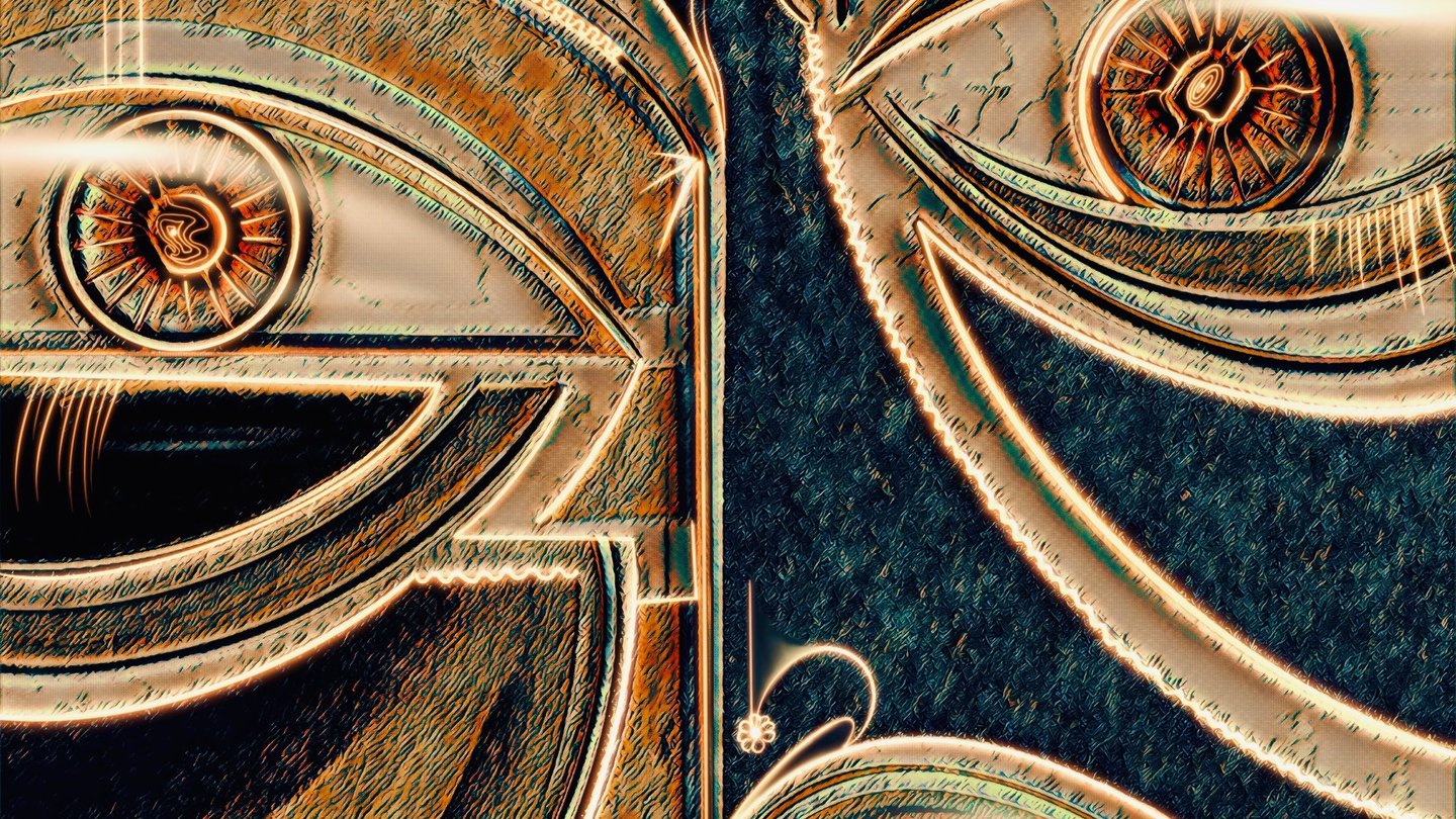 Contemporary art called Glazed by artist Fermionne. Metallic teal, gold & cream face & galaxy eyes.