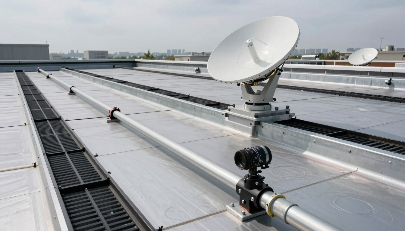 Wide environmental shot of a commercial rooftop installation in progress — Starlink dish mounted on parapet, conduit running across flat roof surface toward camera housing bracket, natural overcast daylight on galvanized steel and black cable trays, no people visible, tools and hardware fittings in foreground