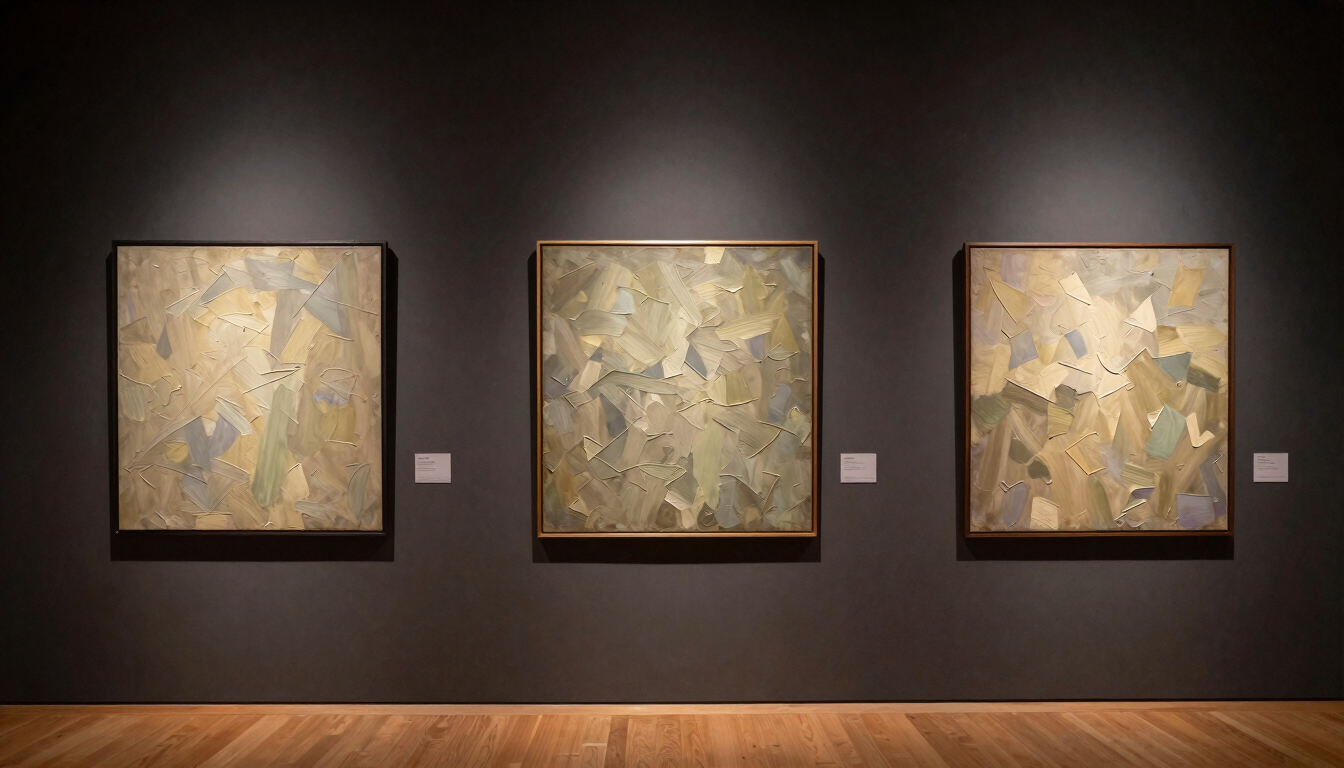 Wide panoramic view of a gallery wall in warm directional light, three large oil paintings hung at measured intervals, textured impasto surfaces catching the museum spotlight, deep charcoal wall receding into shadow on both sides
