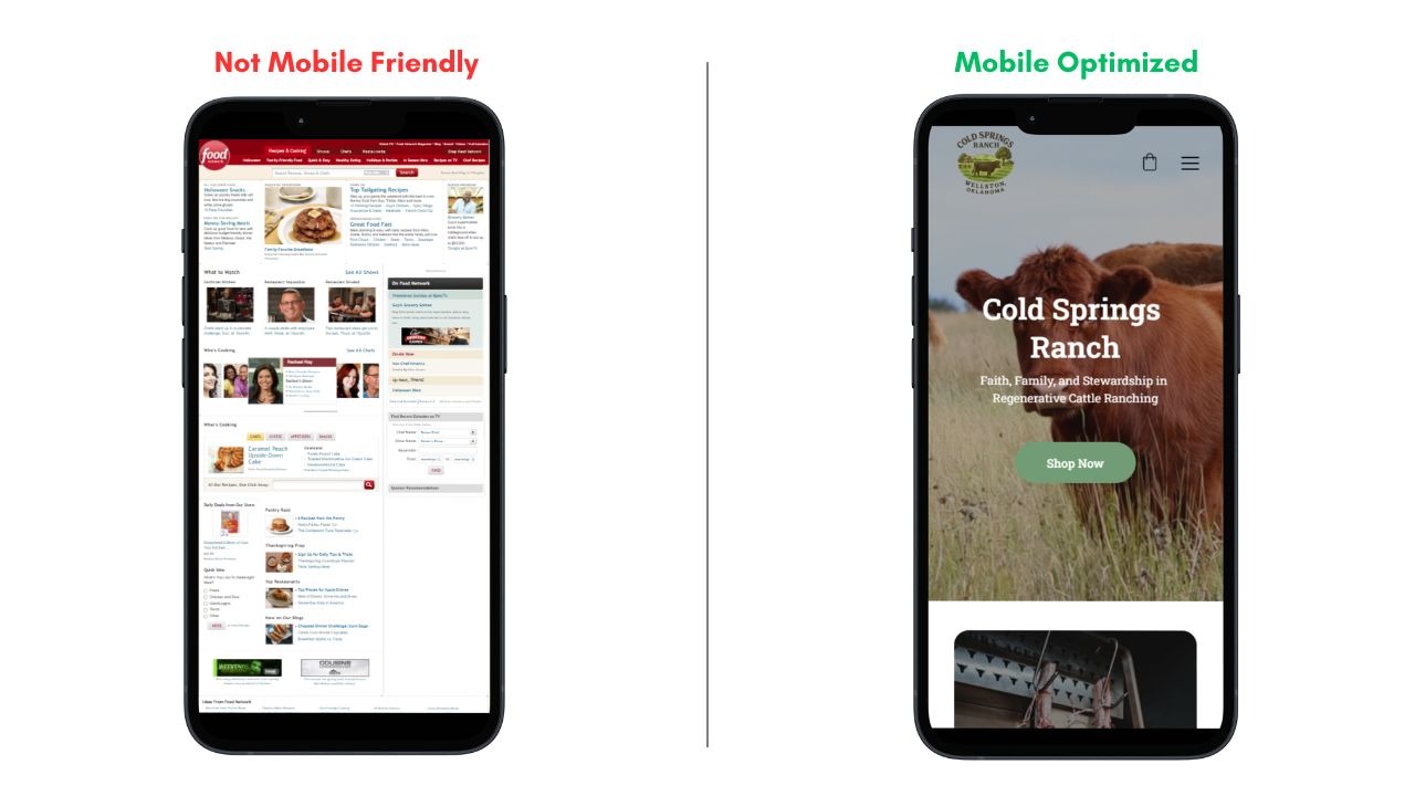 Comparison of a not mobile friendly website and a mobile optimized website on smartphone.