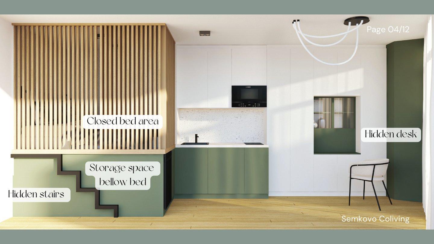 A small apartment design that includes a bed, kitchen, and stairs, emphasizing functionality in limi