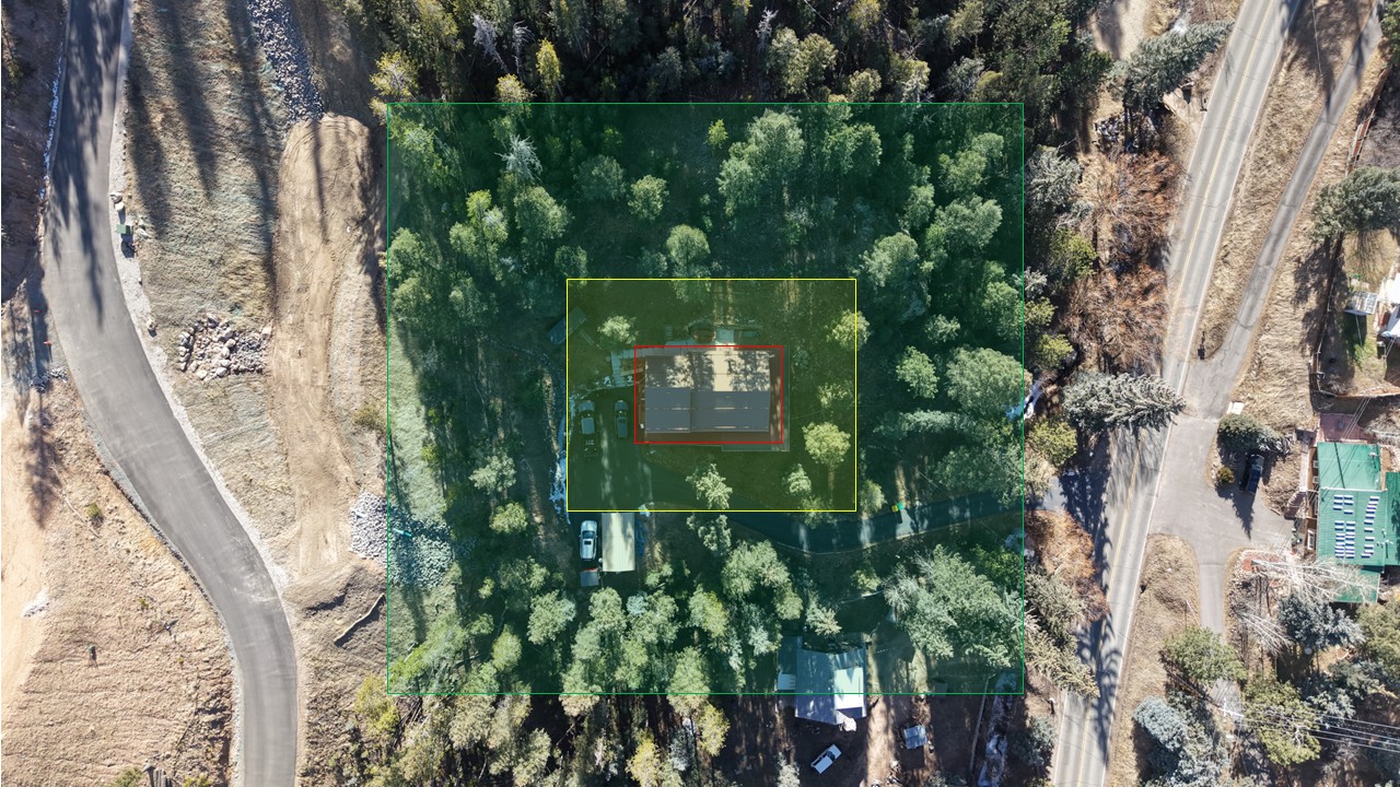 Drone image of a property in Evergreen, Colorado with ignition zones