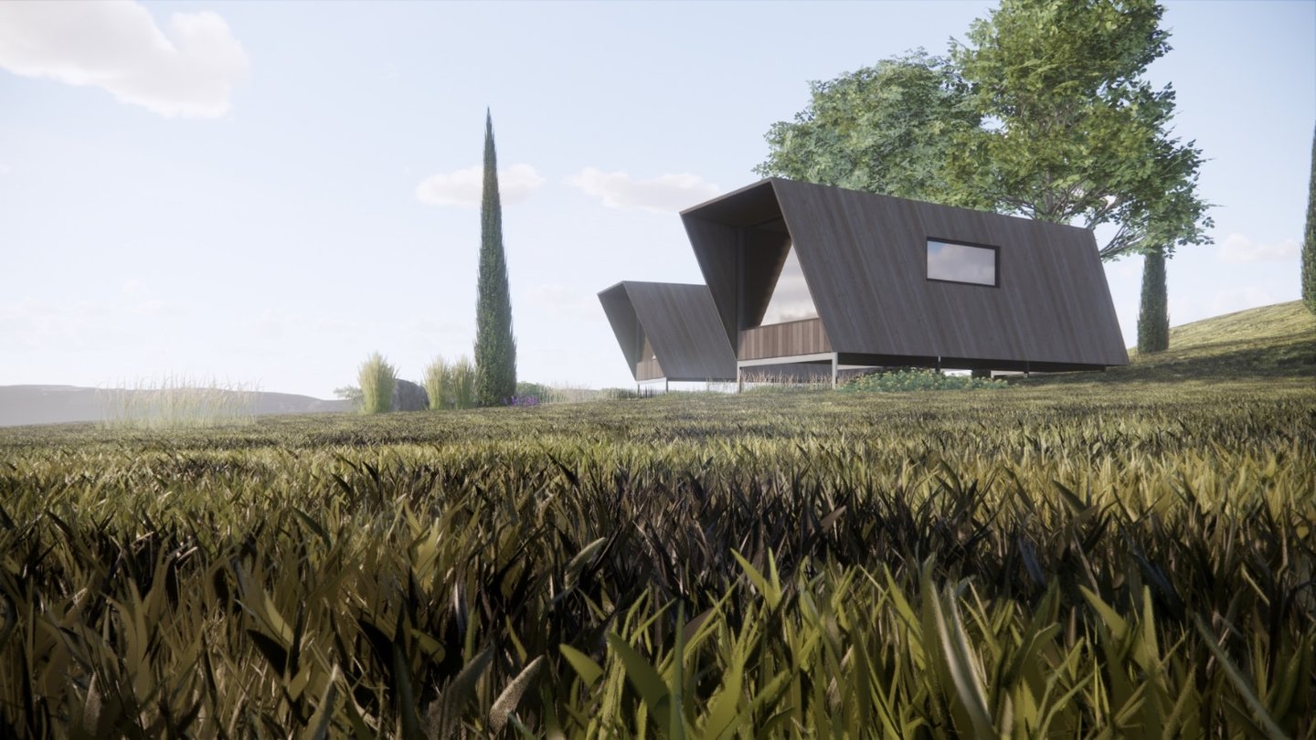 a house with a large grass field and trees