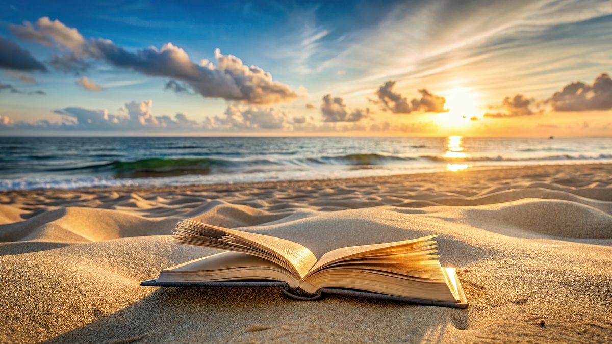 Livre ouvert sur une plage ensoleillée illustrant un espace de réflexion et de réponses