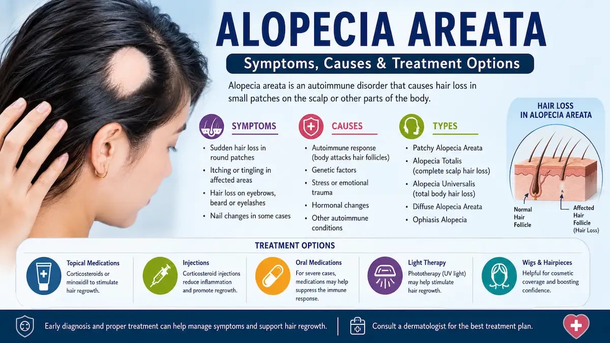 Illustration showing patchy hair loss caused by alopecia areata with scalp, hair follicles