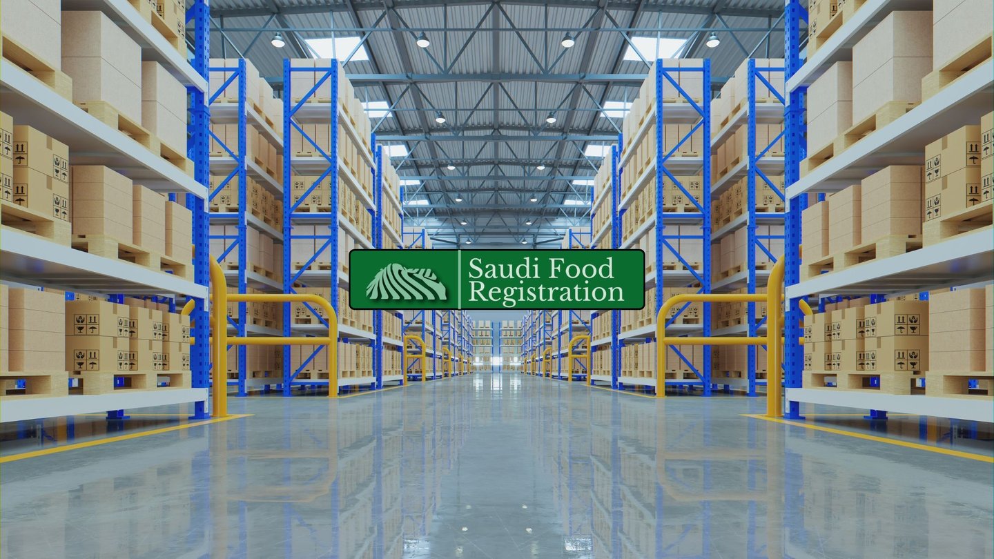 Saudi Food Registration logo with food warehouse background