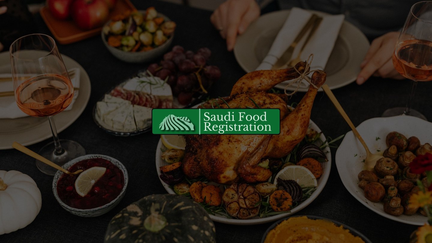 Seasonal food spread with roasted chicken, sides, and drinks symbolizing SFDA seasonal foods and compliance in Saudi Arabia.