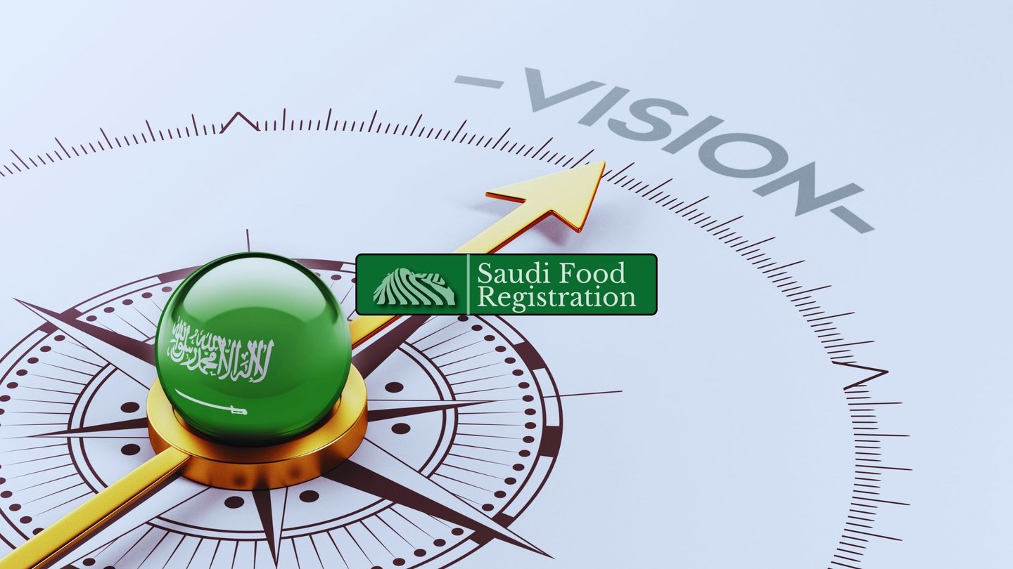 Saudi Food Registration Logo with Saudi Vision 2030 Transforming F&B Blog Background