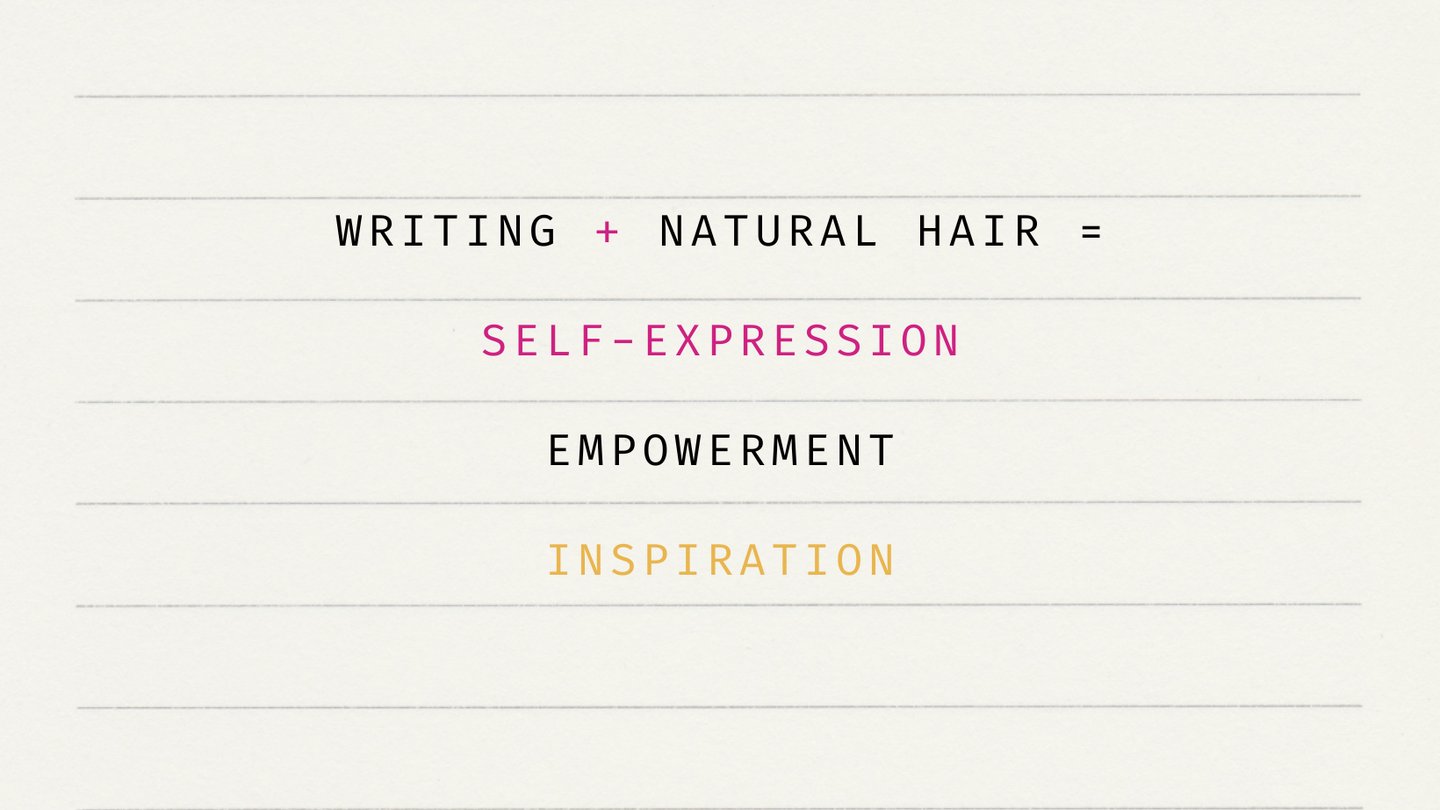 a note pad with WRITING + NATURAL HAIR= SELF-EXPRESSION, EMPOWERMENT AND INSPIRATION.