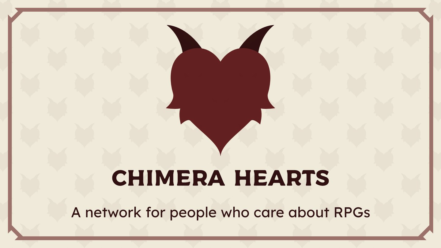 A dark red heart with curved horns above the words "Chimera Hearts: a network for people who care about RPGs".