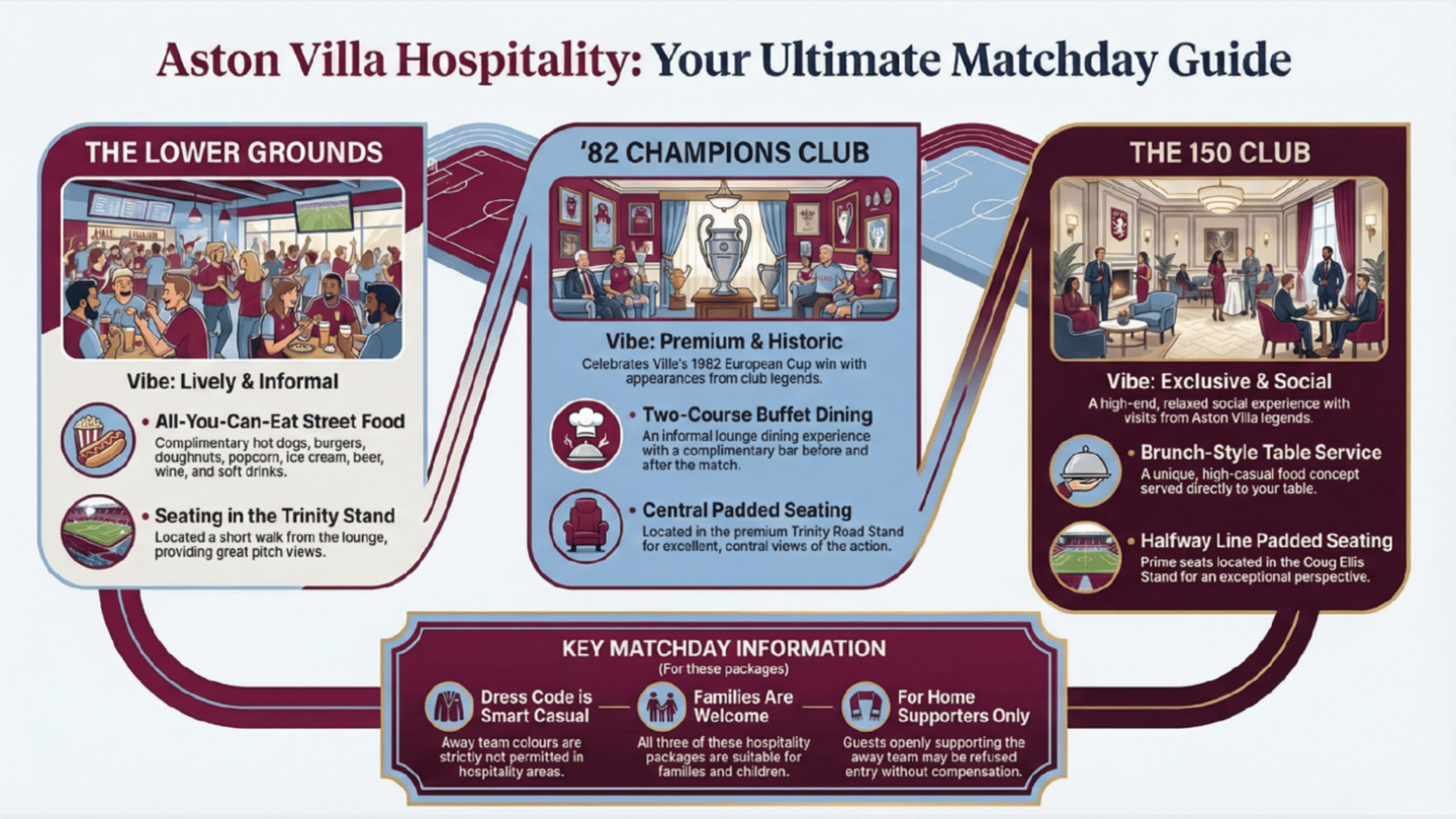 An infographic showing the differences in hospitality packages at Aston Villa