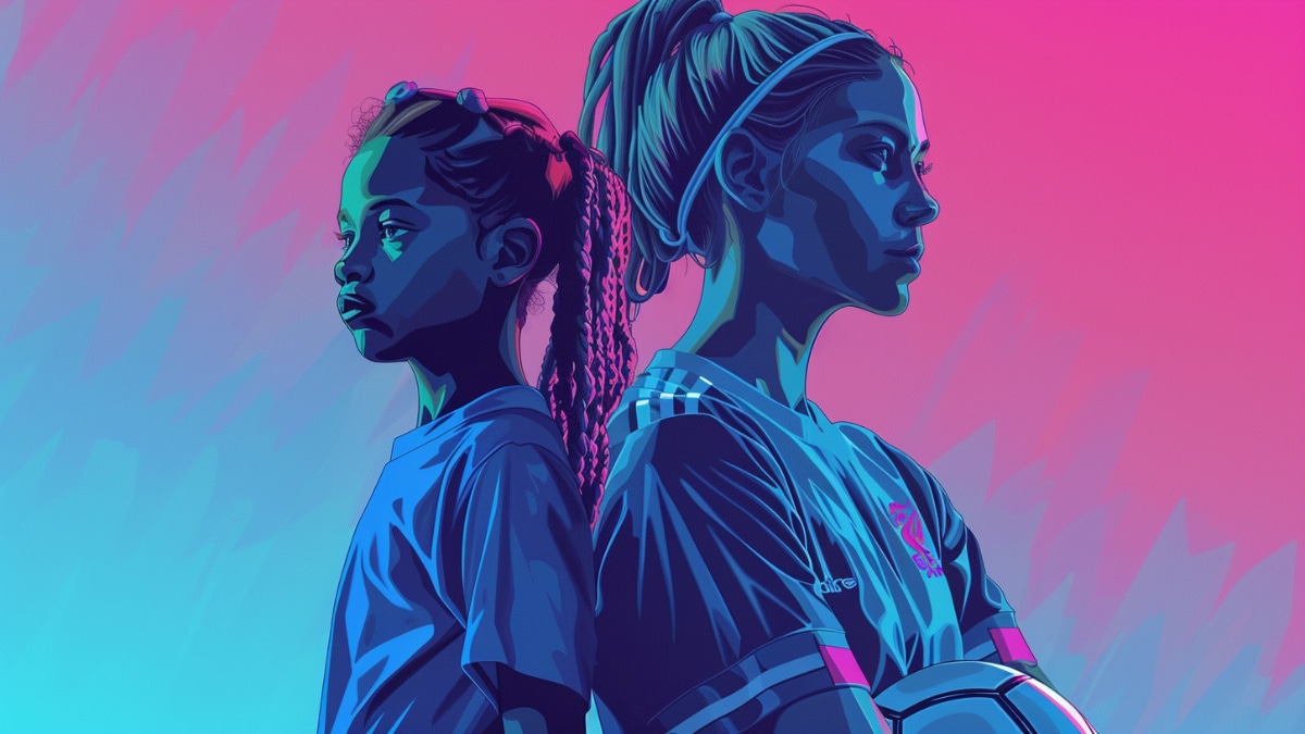 two young women standing back to back to in soccer tshirts