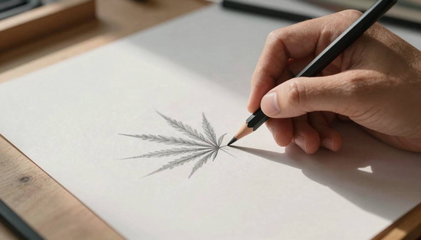 Extreme close-up overhead view of a drawing in progress on a wooden studio table, a hand holding a graphite pencil resting at the edge of a mark, fine pencil dust visible on the paper surface, early morning natural light from the left, no faces, no cannabis imagery, tools and paper only
