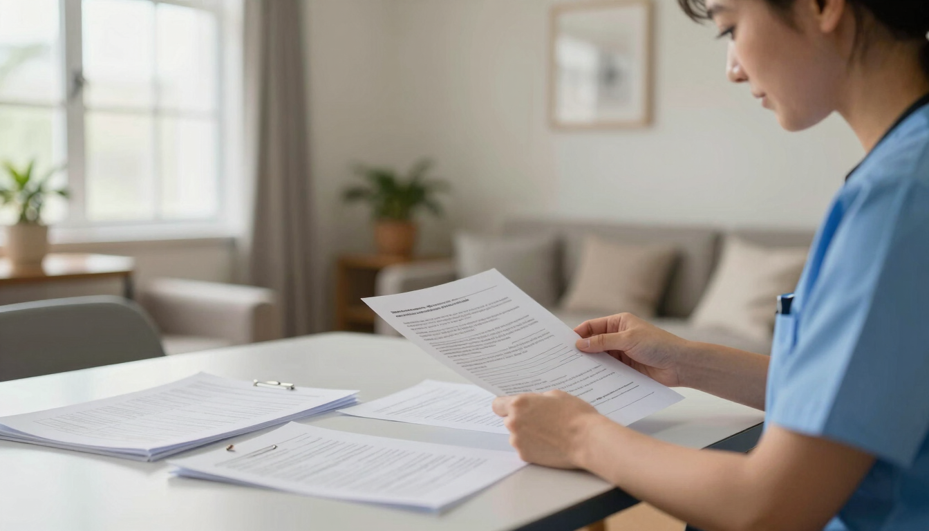 Wide environmental shot of a care professional reviewing printed documentation at a table in a quiet common room, natural afternoon window light, files spread open, resident space visible in soft focus background, honest and unhurried
