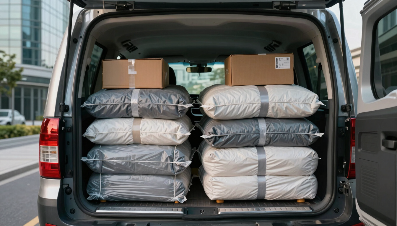 Wide panoramic view inside a moving vehicle's open cargo bay showing neatly stacked wrapped furniture and secured boxes in padded blankets, JLT tower glass facades visible through the vehicle doors in soft midday light, no people, emphasis on order and care