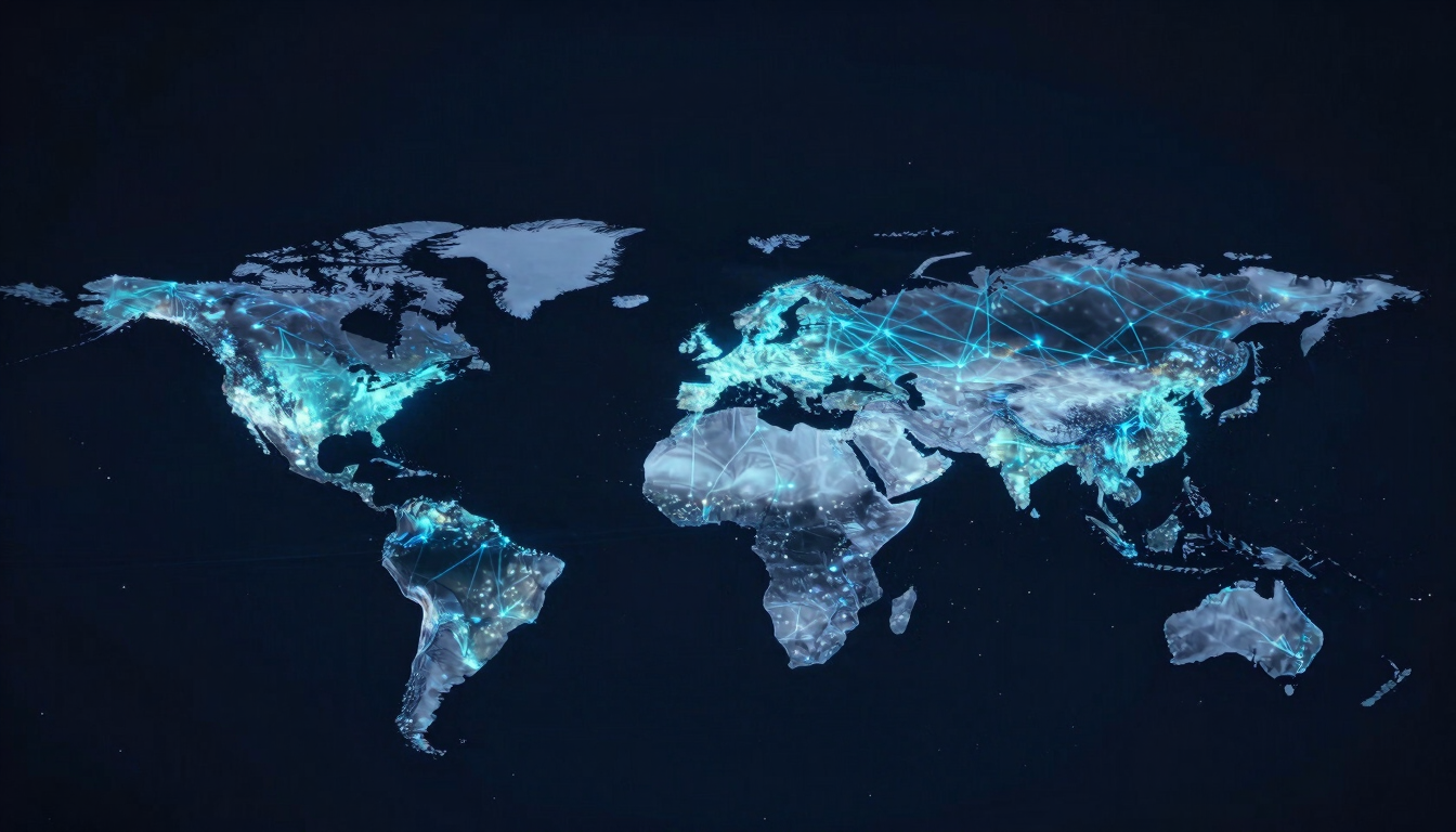 Wide panoramic view of a glowing digital world map centered on Asia-Pacific and Middle East, electric blue and cyan connectivity lines linking city nodes across seven countries, dark navy background, screen-glow lighting, cinematic 21:9 framing with generous empty sky above