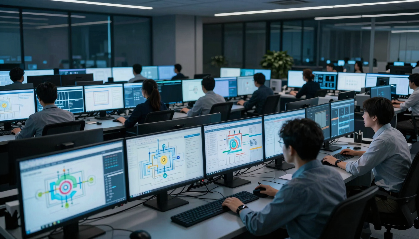 Wide panoramic view of an enterprise software operations center at night, multiple large monitors displaying live dashboards and workflow analytics, a multicultural team reviewing architecture diagrams on screens, cool blue-cyan screen glow as primary light source, dark environment emphasizing scale and operational readiness