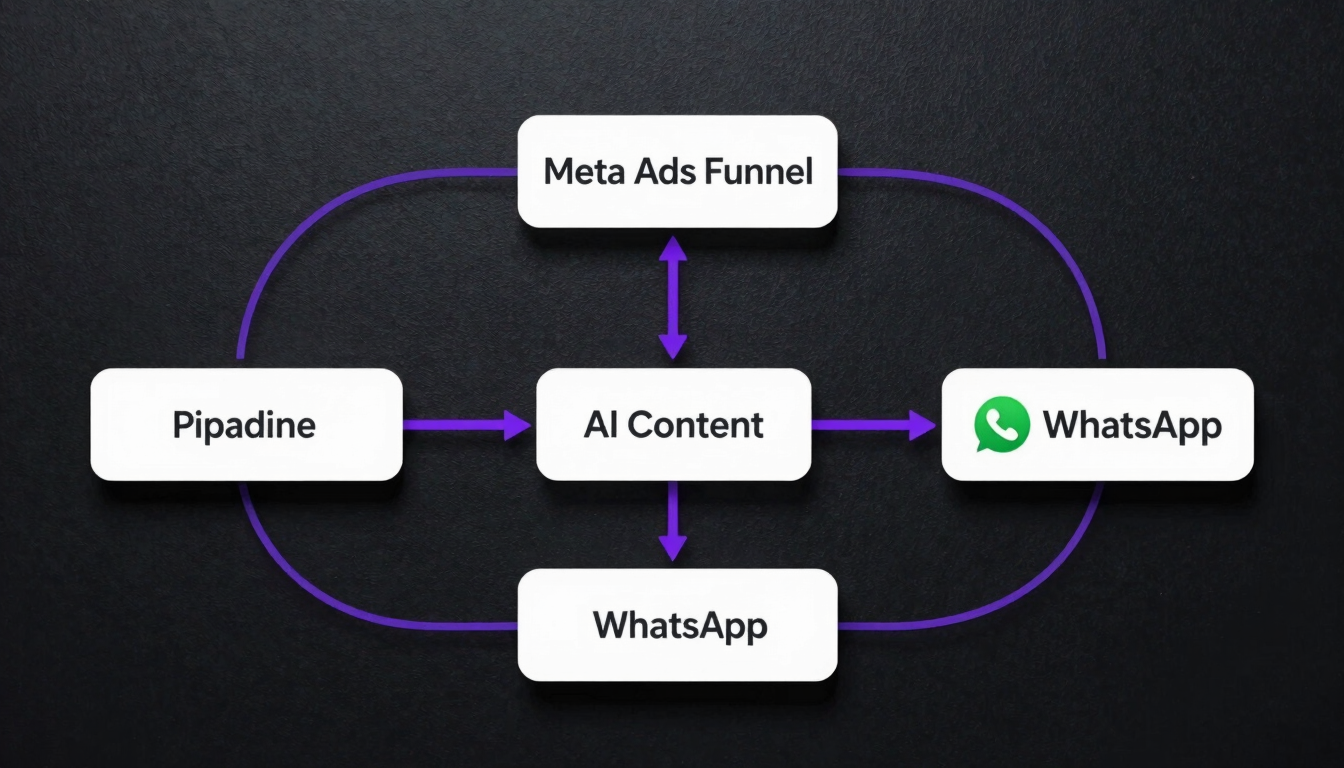 Overhead flat-lay of a system architecture diagram on a dark surface showing three connected nodes labeled with pipeline stages, purple connector lines linking Meta Ads funnel to AI content module to WhatsApp agent endpoint, cool studio lighting, high contrast, no human elements, minimal and precise layout