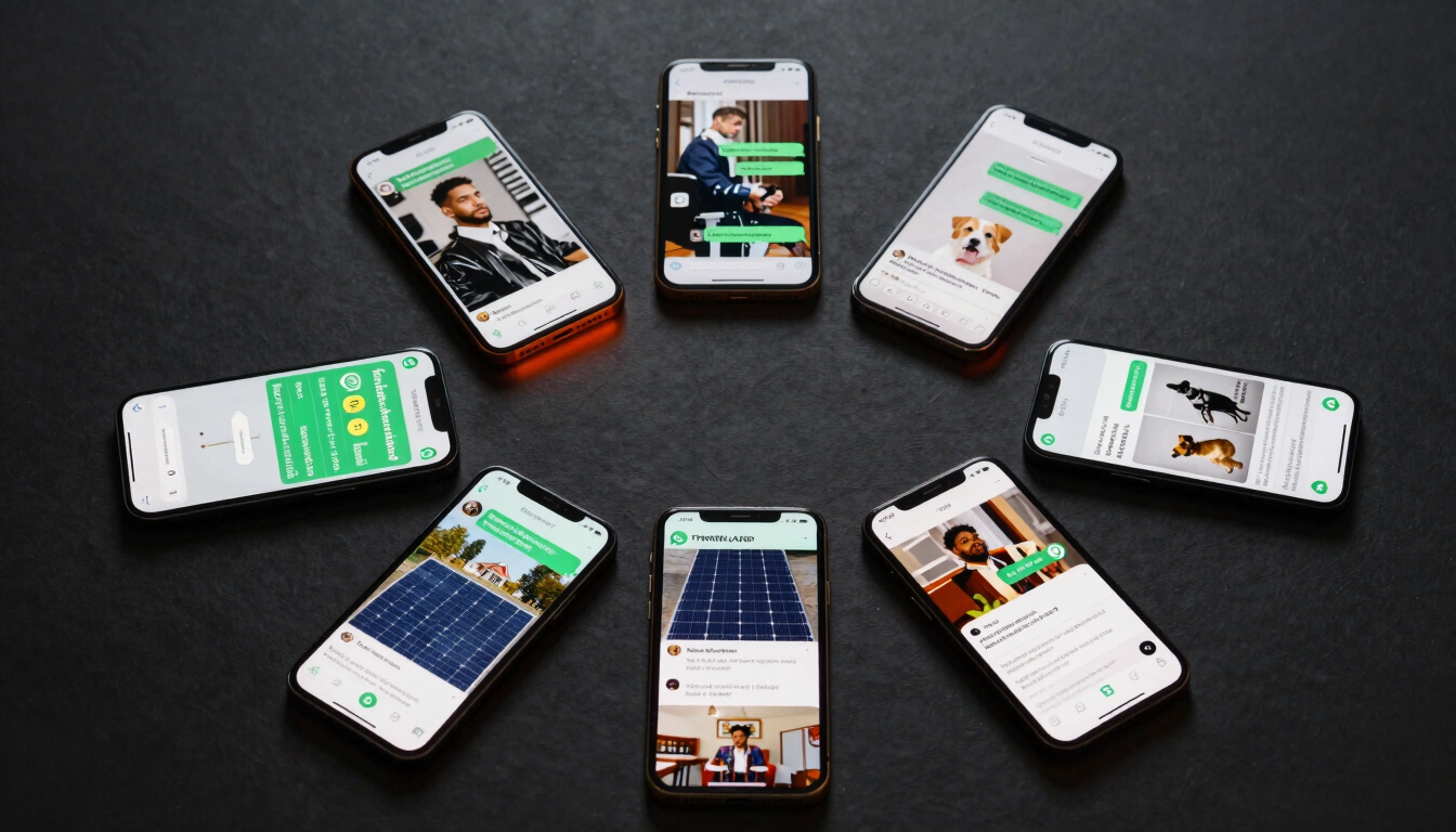 Wide flat-lay overhead shot of seven smartphones arranged in a loose arc on a dark charcoal surface, each screen showing a different WhatsApp conversation context — clinic appointment, barbershop booking, pet shop inquiry, office scheduling, solar panel quote, restaurant reservation, real estate listing — soft studio lighting from above, no human faces, neon-orange ambient glow on the surface between devices