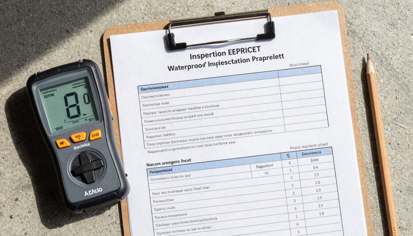 Close-up overhead flat-lay of a waterproofing inspection report document beside a moisture meter and pencil on a concrete-grey surface, natural north-facing daylight, precise and material-honest