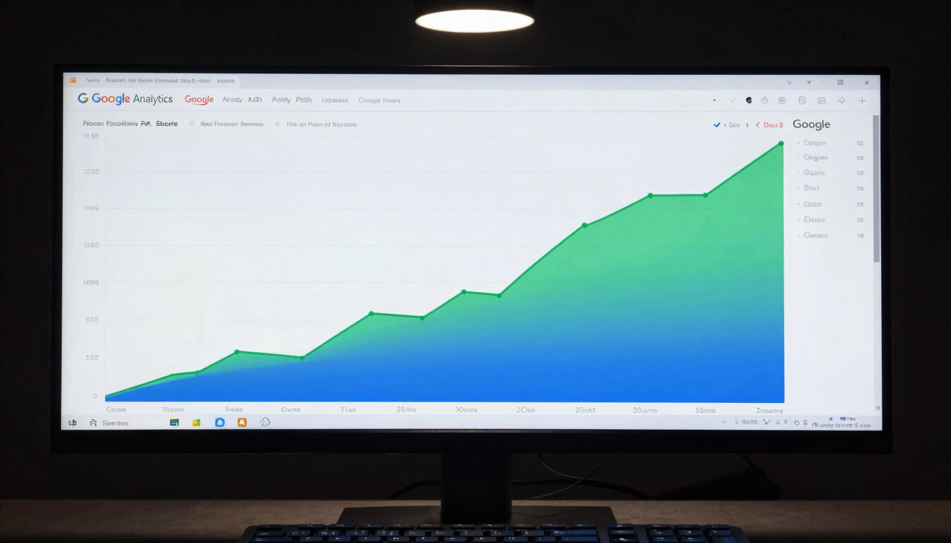Wide panoramic view of a live Google Analytics dashboard on a large monitor, screen filling the frame, data curves showing steep upward traffic growth in green and blue, dark studio environment, single overhead light source casting sharp contrast, shot from slightly above center, keyboard edge visible at bottom, no people