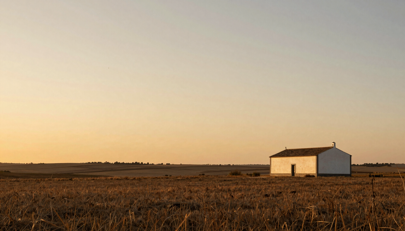 Full-width panoramic landscape of the Alentejo plains in Portugal at golden hour, a single white farmhouse set far to the right third against an enormous pale amber sky, low flat horizon, dry grass catching side light, no people, deep atmospheric silence
