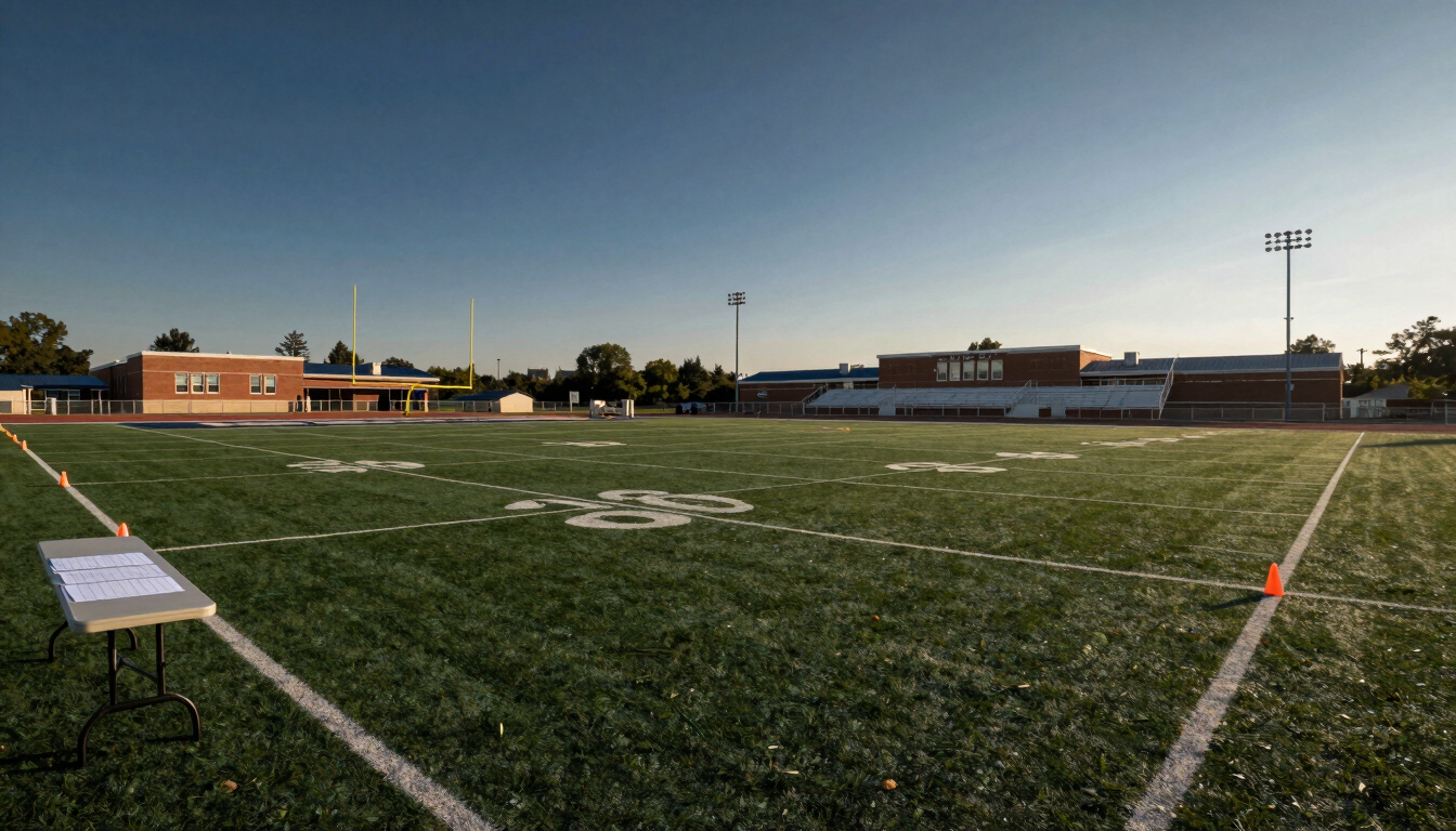 Panoramic 21:9 wide shot of Lakeshore High School's athletic field at golden hour, field freshly lined for game day, orange cones marking the end zones, folding tables with roster sheets visible in the near-left corner, deep blue sky above, no people on field yet — pre-game setup atmosphere