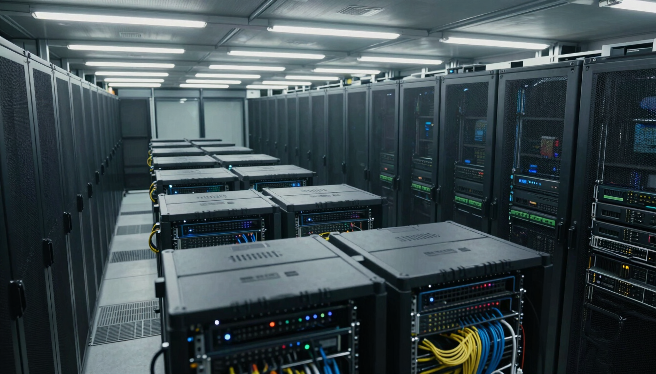 Wide panoramic overhead shot of a dense server room, rows of blade servers receding into the distance under cold fluorescent light, cable management visible in the foreground, no people, documentary cold lighting