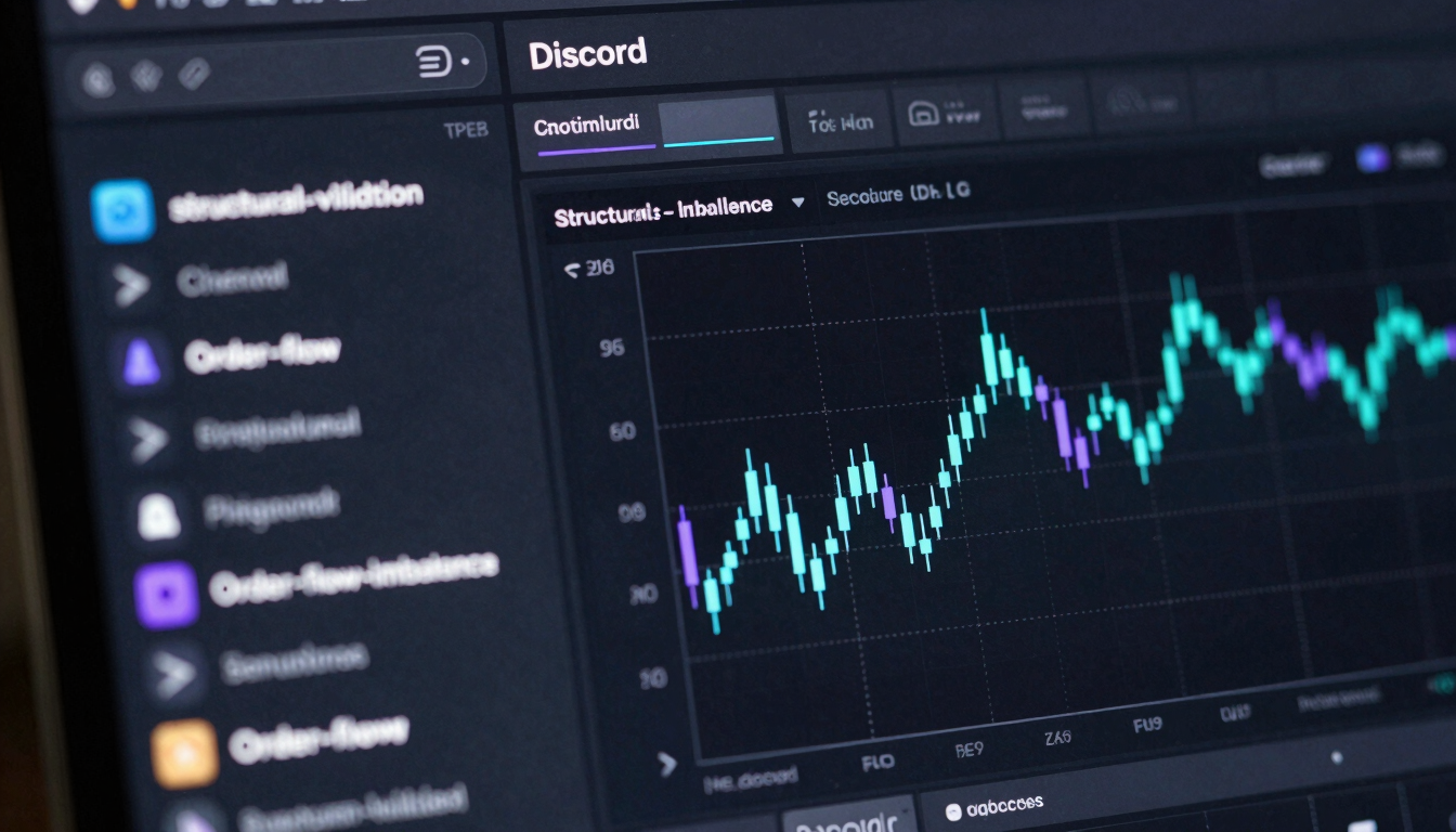Macro crop of a dark terminal-style Discord interface, clean sidebar with channels like structural-validation and order-flow-imbalance, low-glow cyan and purple accents, high-fidelity candlestick chart visible in the chat pane, dark matte aesthetic, no people.
